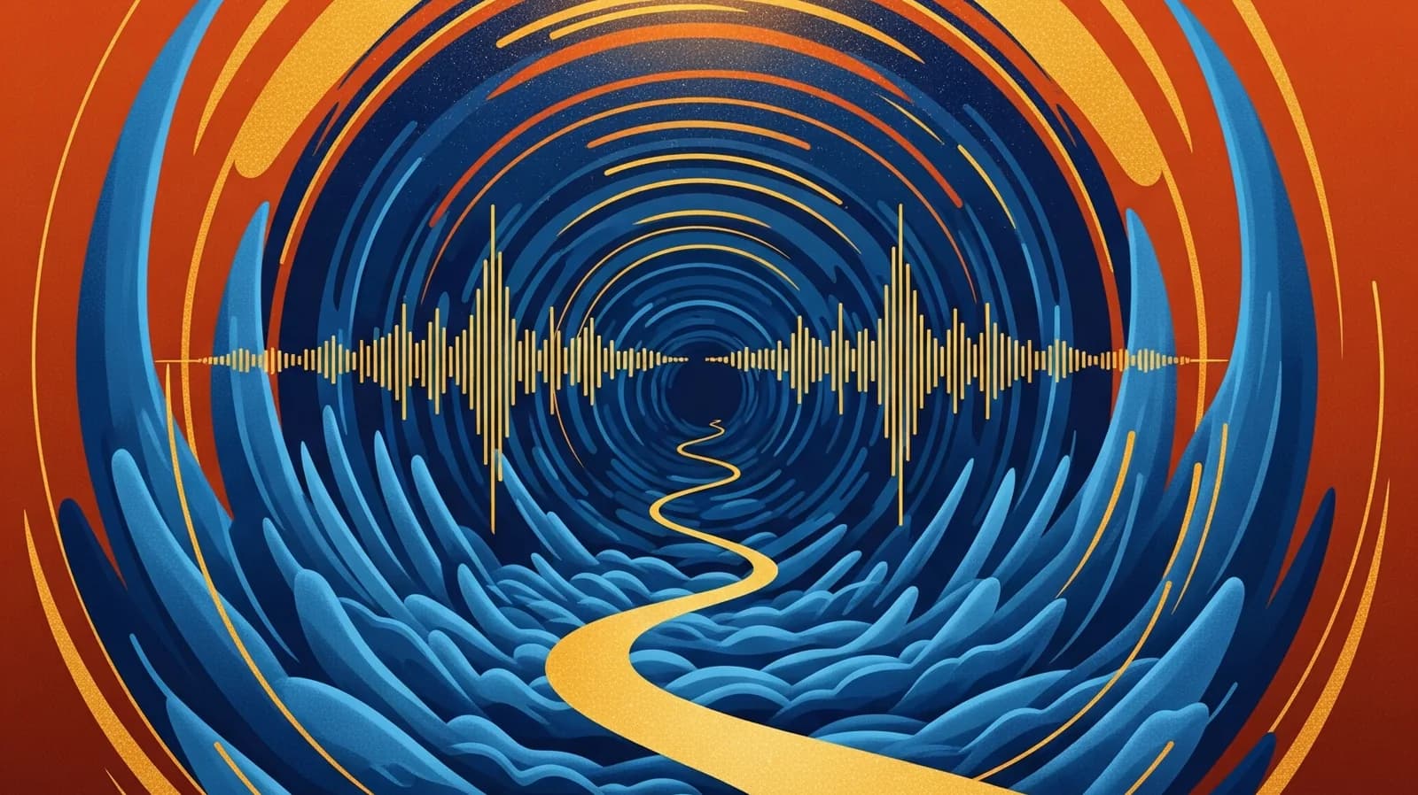 Detail of the Sonic Refuge artwork: a golden path winding into a blue tunnel of sound waves